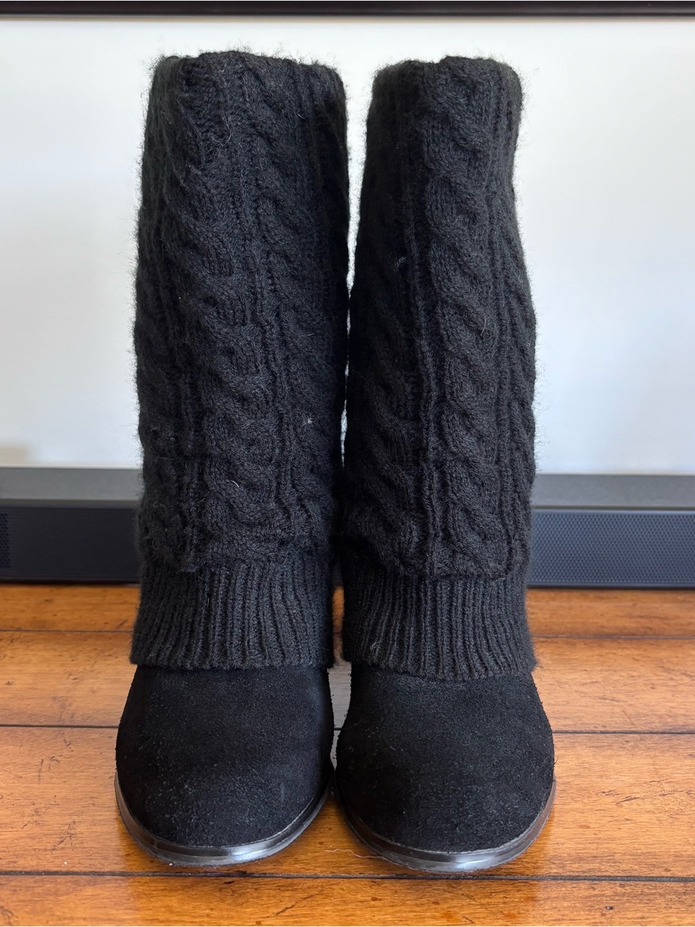 Women’s Steve Madden Black Knit Cable-Detail Wedge Boots - Picture 2 of 9